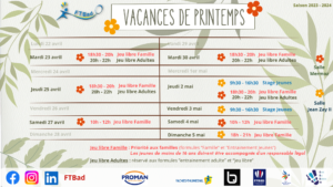 Planning des vacances de Printemps